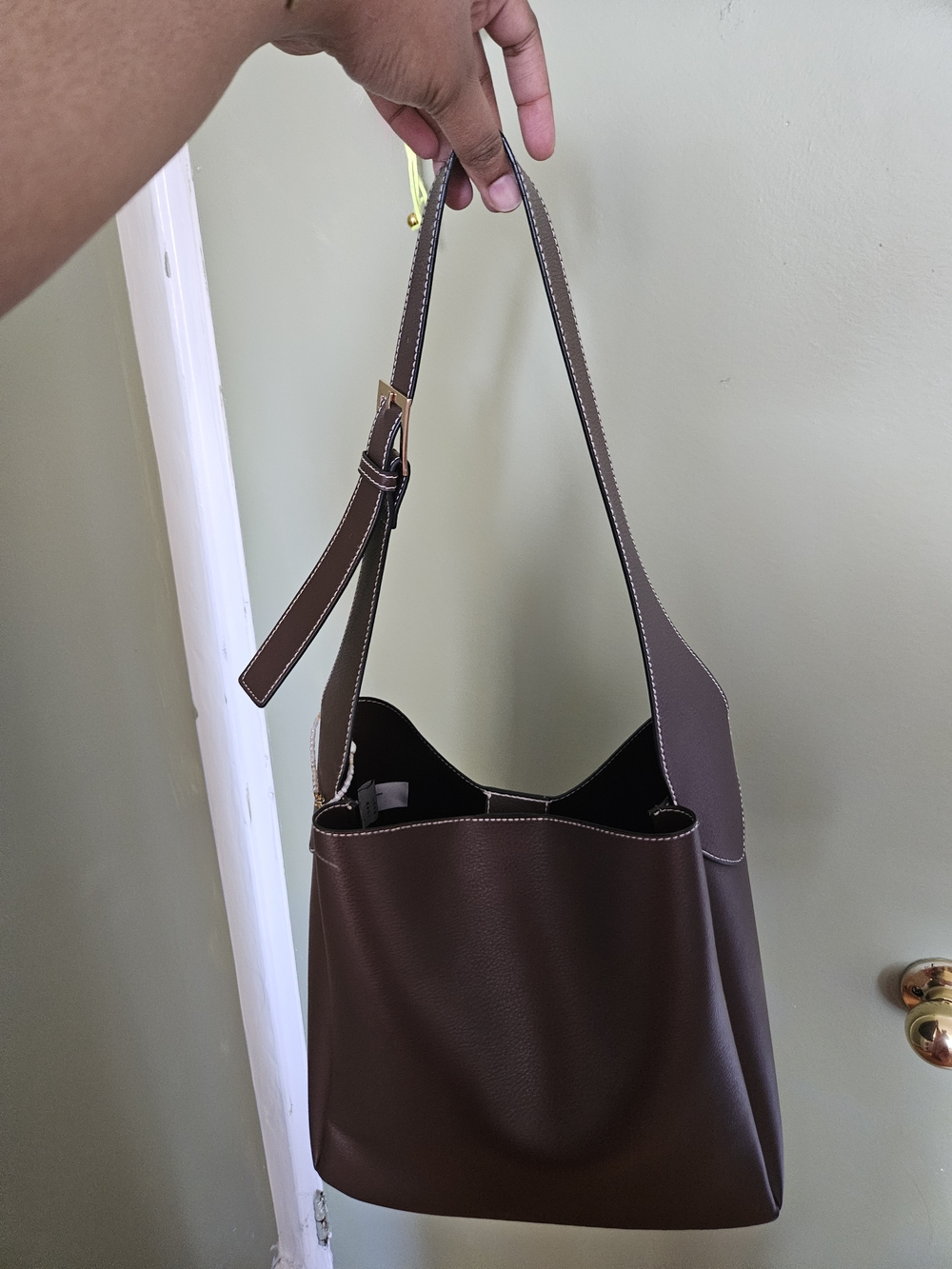 Brown Vegan Leather Shoulder Bag - Classic Women's Tote - Picture 4 of 6